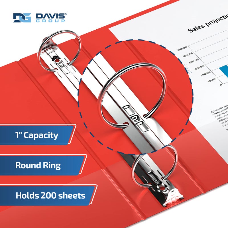 Davis Group مجلدات Easyview Premium ذات 3 حلقات مع أغطية شفافة وحلقات دائرية، مجلدات للمدرسة أو المكتب، 1 إنش، عبوة من 6، أحمر - Image 2